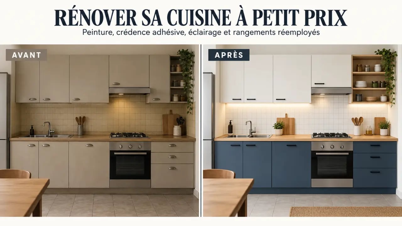 Rénovation pas chère d’une cuisine avec façades repeintes, nouvelles poignées et crédence adhésive