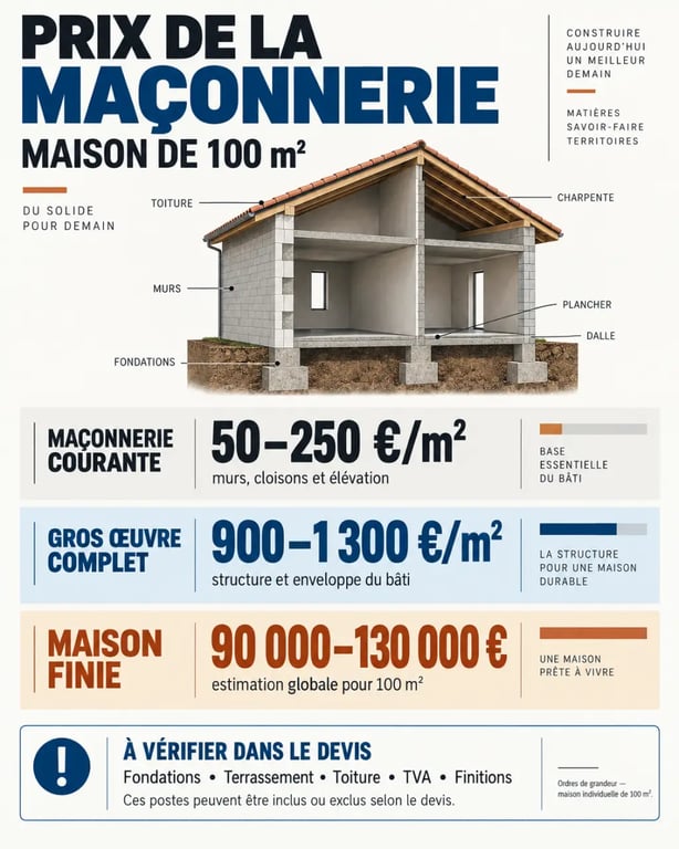 Infographie du prix maçonnerie maison 100m2 et des fourchettes du gros œuvre