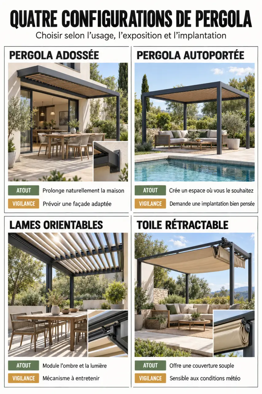 Infographie sur l’aménagement pergola extérieur selon la structure et les protections