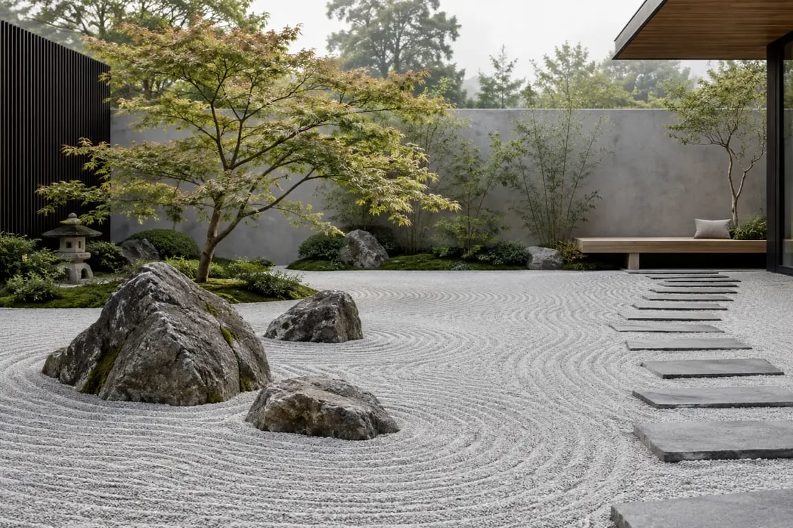 Décoration jardin zen avec graviers, érable du Japon et pas japonais