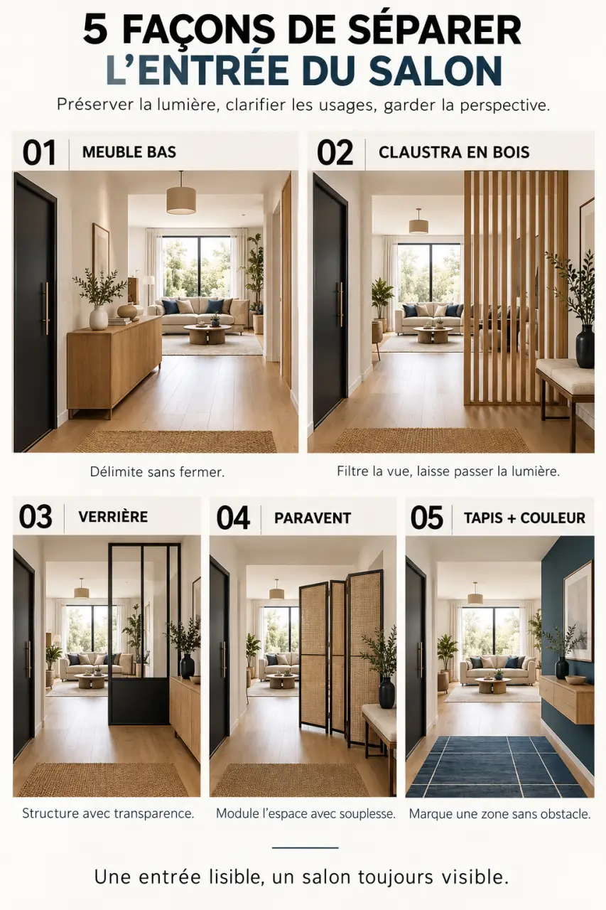 Idées séparation entrée salon avec meuble, claustra, verrière, paravent et tapis