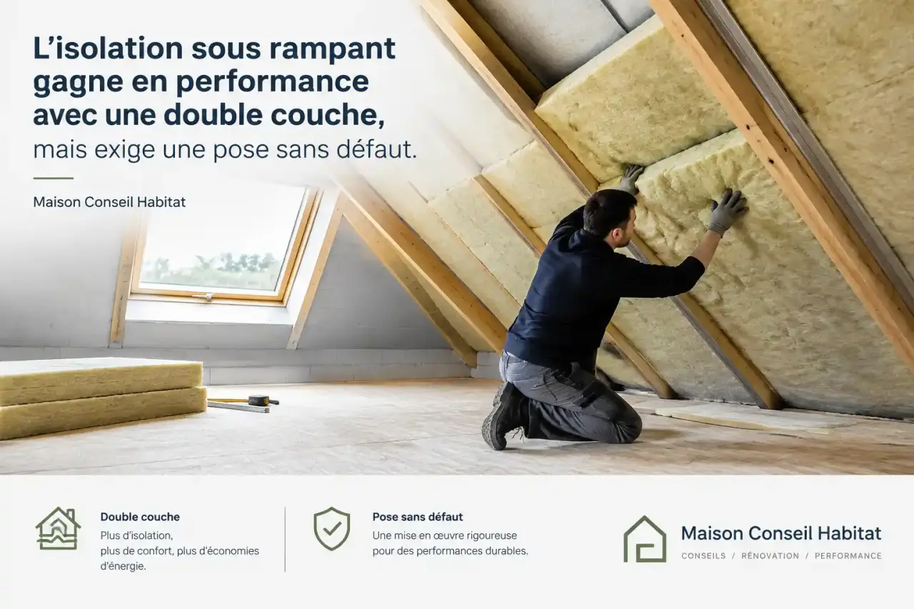 L’isolation sous rampant gagne en performance avec une double couche, mais exige une pose sans défaut