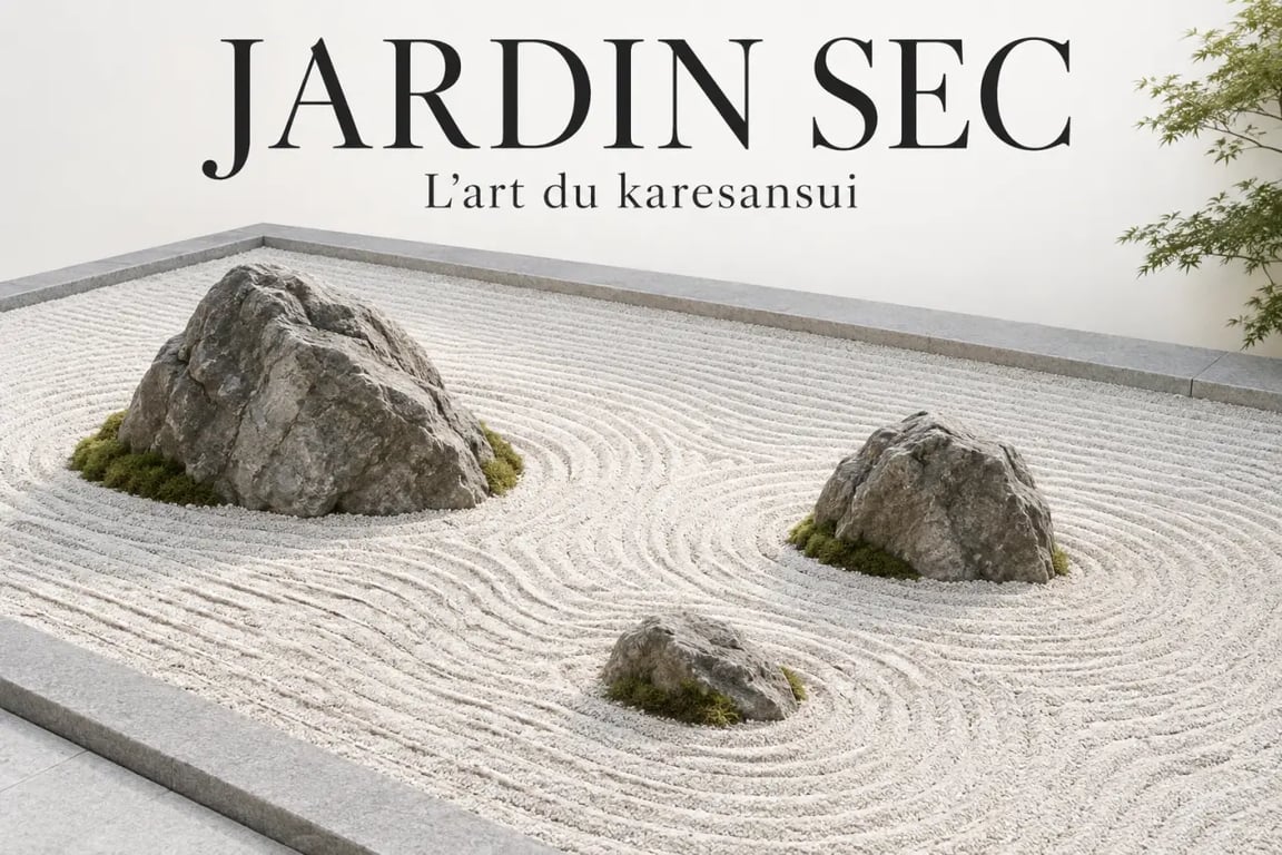 Jardin zen sec karesansui avec gravier ratissé et rochers