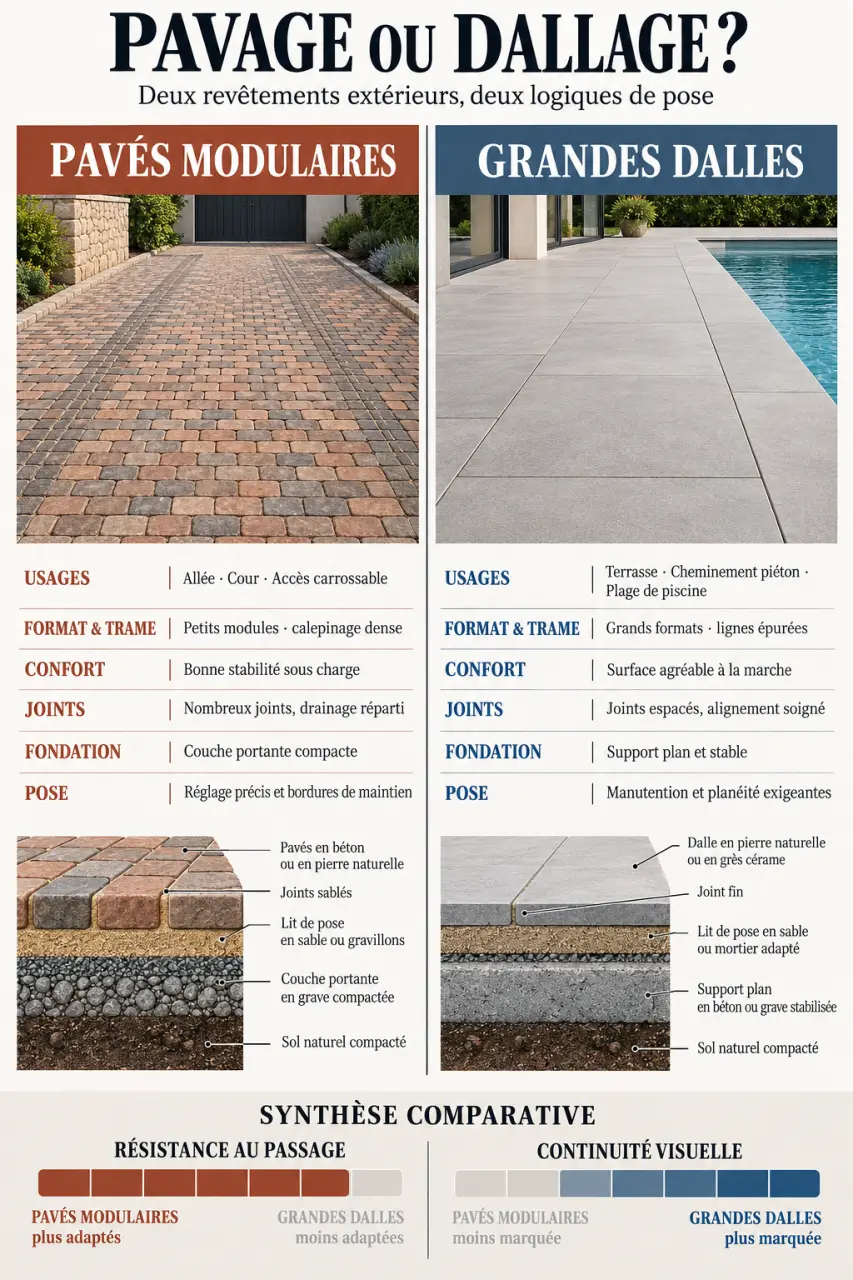Infographie comparative sur le pavage dallage extérieur selon l’usage, la pose et le rendu