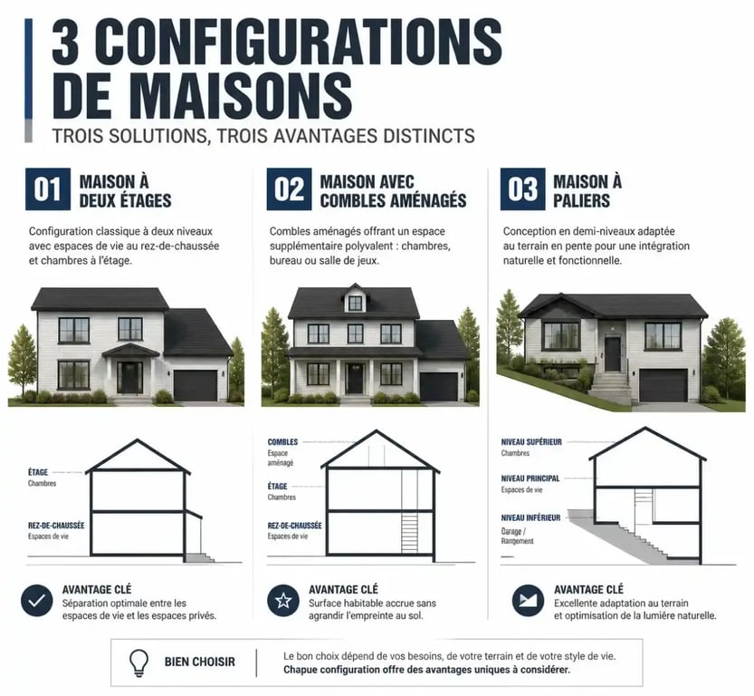 Comparaison des configurations de maison en étage : R+1, combles aménageables et demi-niveaux pour votre maison en étage plan.
