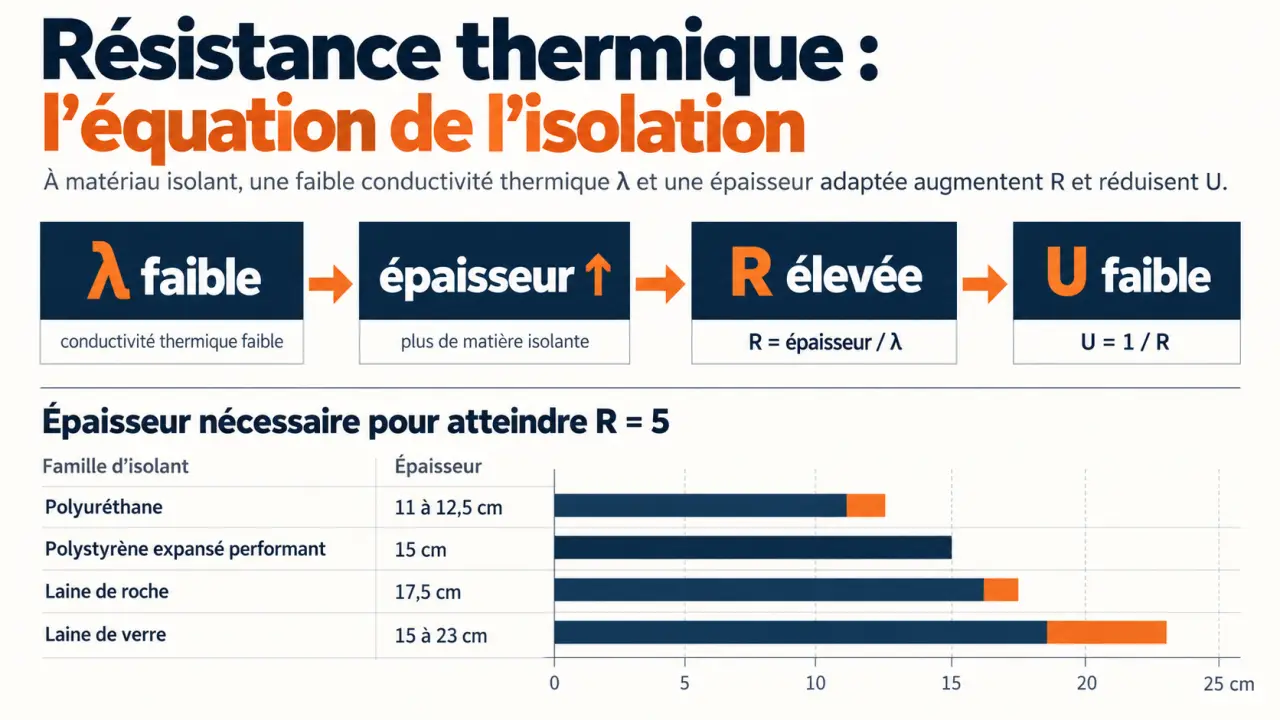 Résistance thermique isolant : relation entre lambda, épaisseur, R et U avec comparaison de matériaux