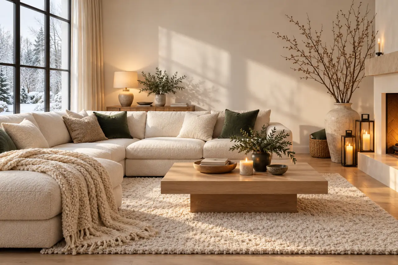 Décoration hiver maison dans un salon cocooning après Noël
