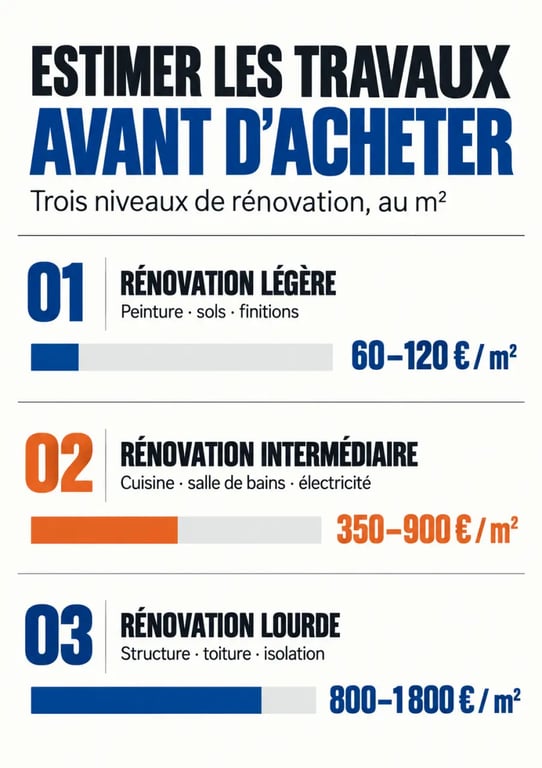 Infographie des niveaux de rénovation pour une estimation travaux maison avant achat