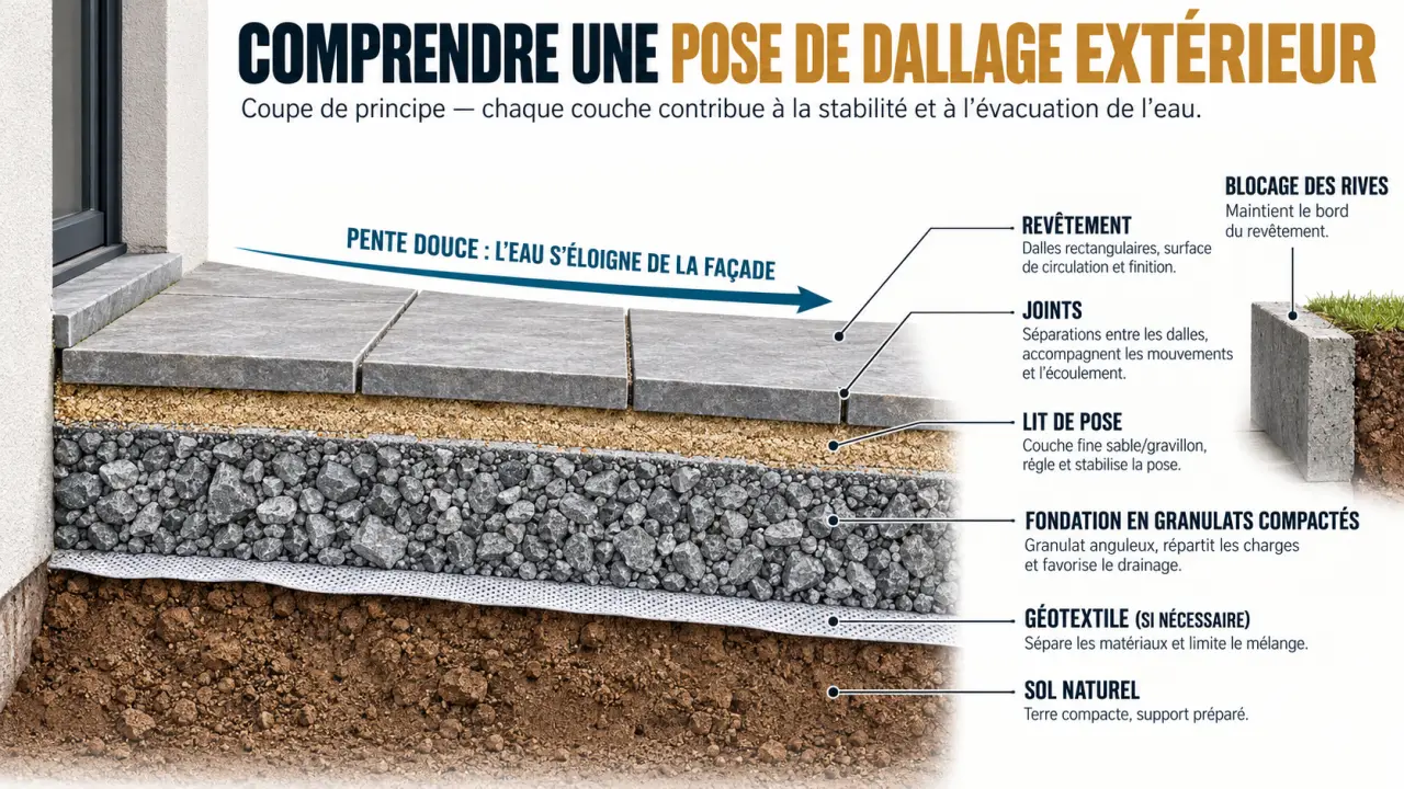 Schéma des couches de pose pour un pavage dallage extérieur et de l'évacuation de l'eau