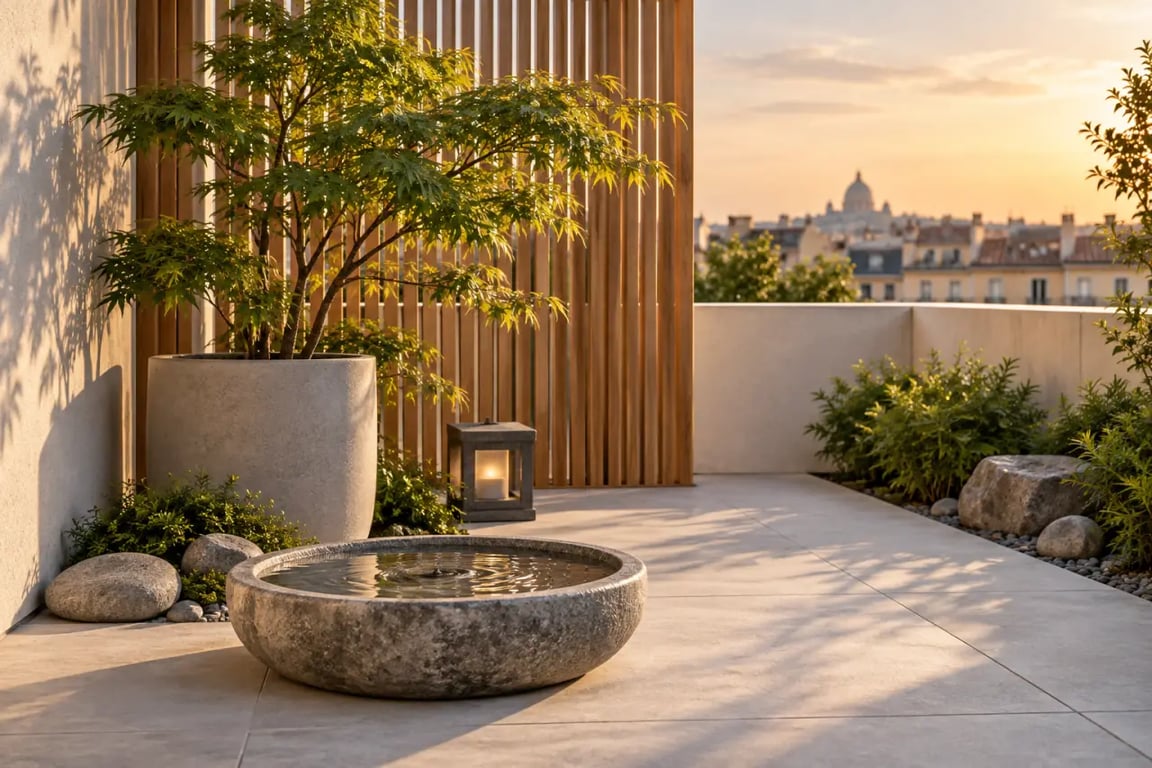 Décoration jardin zen pour petite terrasse avec vasque et plante